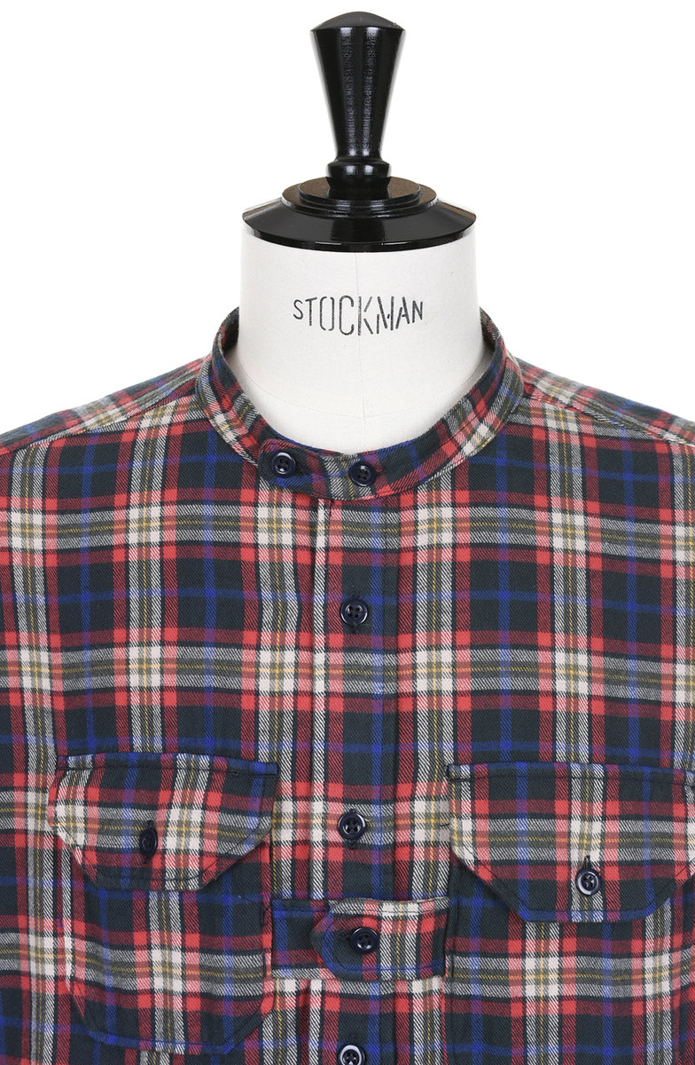 Engineered Garments Banded Collar Shirt Cotton Flannel Plaid Navy