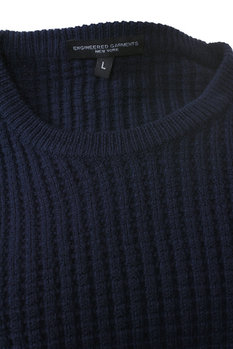 Engineered Garments Crew Neck Fisherman Sweater, Navy Waffle